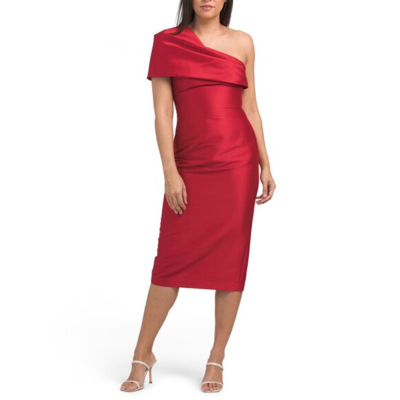 BADGLEY MISCHKA Red Pleated One Shoulder Midi Cocktail Dress